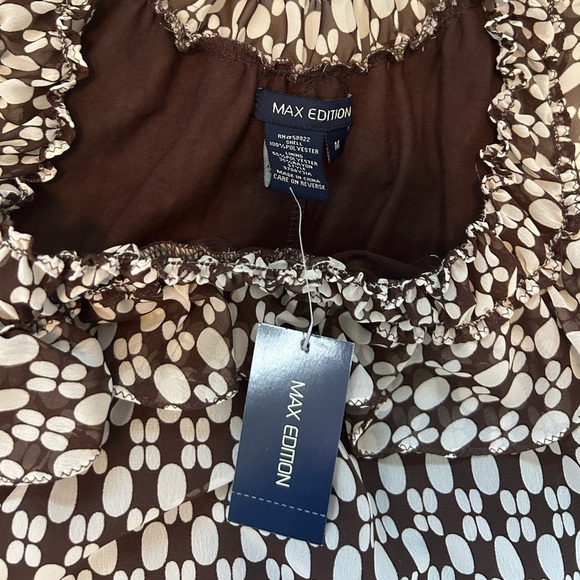 NWT 🆕 Max Edition Medium Ruffled Round Neck Brown & White Short Sleeve Blouse - Picture 7 of 9